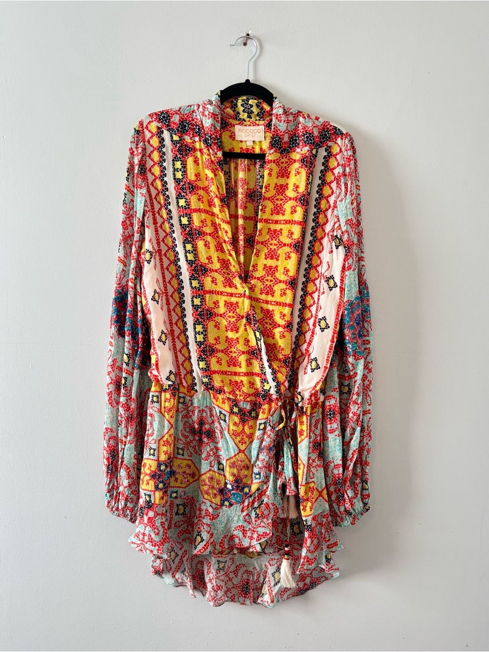 Rococo Sand Beaded Printed Mini Dress Tie Front Wrap V-Neck Embellished